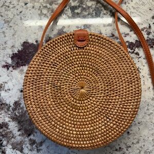 Round Woven Tan Crossbody Bag